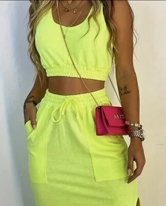 Women Casual Solid Two-Piece Skirt Set, Crop Tank Top & Drawstring Split Skirt - Picture 1 of 1