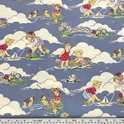 Vintage Michael Miller Water Play Vintage Kids Blue Cotton by the HALF YARD - Image 1 of 2