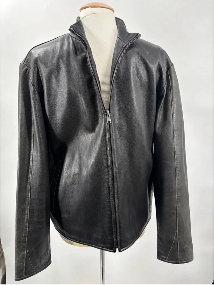 Men's Vertical Leather Jacket, Black, Size M - Image 1 of 4