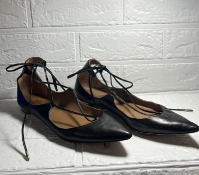 Zapatos planos de ballet Aquazzura para mujer de cuero negro con cordones punta talla 38 1/2 -8 EE. UU. Foto 1 de 4
