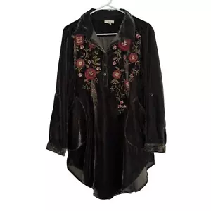 Kyla Seo Shirt Women’s Brown Velvet Floral Embroidered Tunic Tab Sleeves Small - Picture 1 of 11