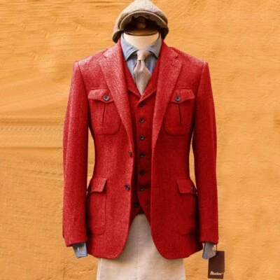 Men's Herringbone Suit 4 Pockets 3 Piece Set (jacket+vest+pants) Social Suits - Image 1 of 4
