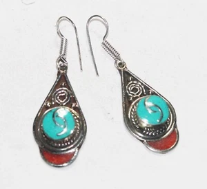 Tibetan Turquoise Coral Gemstone Handmade Nepali Earring Jewelry Size 1.5 Inches - Picture 1 of 5