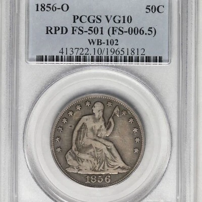 1856-O 50c WB-9 Double Date (WB102 RPD) PCGS VG10 Liberty Seated Half Dollar OBH - Image 1 of 4