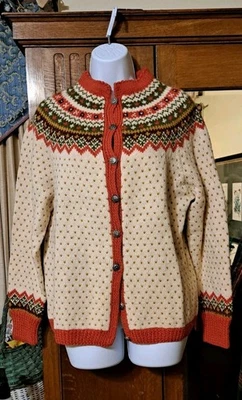 Vtg Norsk Husflid Nordic Wool Cardigan Sweater Earth Tones Rust Green Ivory M  - Image 1 of 4