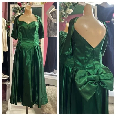 Vestido de graduación de satén líquido vintage de los 80 verde con lazo trasero aspecto mojado mangas abullonadas defecto M Foto 1 de 4