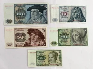 Deutsche Mark Scheine Banknoten von 1980 / 77 - 5 10 20 50 100 DM Erhaltung! 185 - Bild 1 von 2