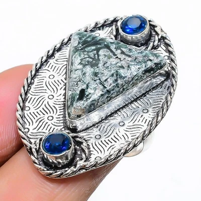 Anello in argento sterling 925 fatto a mano con pietra preziosa in serafinite... - Immagine 1 di 4