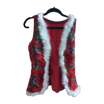 Antiguo Chaleco de Terciopelo Rojo Lentejuelas Hecho a Mano Principios de 1960 Navidad Único Foto 1 de 4