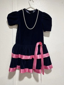 Jo Lene Blue Velvet Satin Trim Dress Girls Sz 6 Pearls Short Puff Sleeves 80’s - Picture 1 of 9