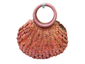 VTG Chico's Wood Shell Bag Purse Med Satchel Handbag Beaded Sequin Orange Coral - Picture 1 of 7