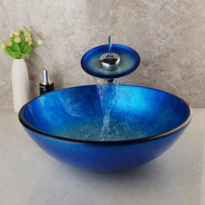 Blue Style Tempered Glass Wash Basin Sink Match Chrome Brass Mixer Faucet Drain - Picture 1 of 12