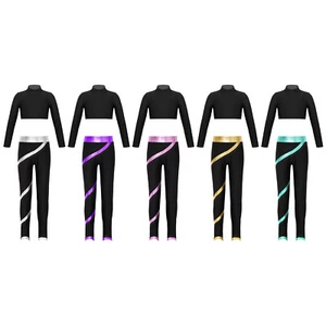 Kids Girls Crop Top With Pants Metallic Striped Sportswear Sparkling Activewear - Picture 1 of 55