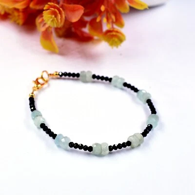 Pulseira facetada Rodelle genuína água-marinha + espinélio preto 4-5mm joias 7" - Imagem 1 de 4