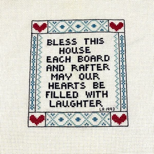 Completed Vintage Cross Stitch Sampler Bless This House Hearts Laughter 1993 - Picture 1 of 6