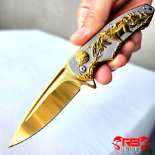 8" Tactical Gold Color Wolf Engraved Spring Assisted Folding Pocket Knife Blade