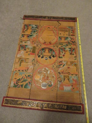 ANTQ Rollo Budista Tibetano Chino Siglo XIX Thangka Pintado a Mano en Bambú Foto 1 de 4