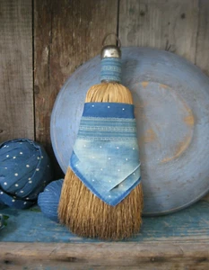 Primitive Antique Whisk Broom Wrapped in 1890s Blue Calico - Picture 1 of 7