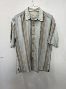 Tommy Bahama Silk Shirt Mens M Medium Blue Striped Pockets Summer Short Sleeve - Picture 1 of 9