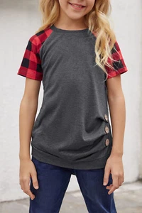 Girls’ Tee Girls Size "Small (4Y-5Y)" Gray Plaid Raglan Sleeves Girls’ Tee - Picture 1 of 5