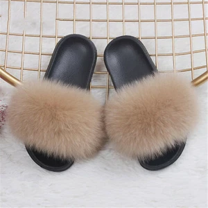Womens Real Fox Fur Sliders Slides Slippers Sandals Holiday Indoor Outdoor Shoes - Picture 1 of 24