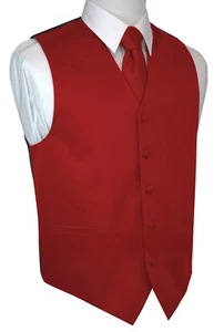 Men's Red Formal Tuxedo Satin Tuxedo Vest Tie & Hankie Prom Wedding Homecoming - Picture 1 of 4