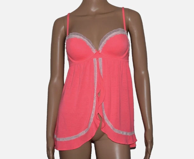 Victoria's Secret Babydoll BRA PANTY SET Pink Lace Trim Open Front Modal 36C - image 1 of 4