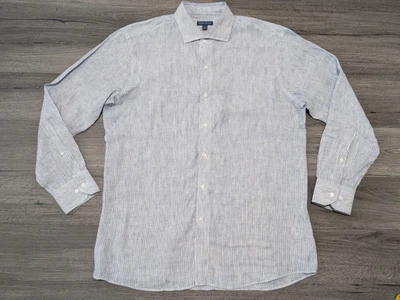 Peter Millar Crown Crafted Men's Blue White Striped 100% Linen Shirt Size Large - Image 1 of 4