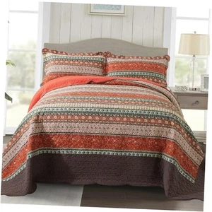  Cotton Bedspread Quilt Sets - Reversible Oversized King Red Striped Jacquard - Picture 1 of 8