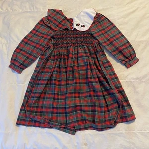 Polly Flinders Vintage Dress 7 Christmas Red Green Plaid Scottie Dogs Smocked - Picture 1 of 19