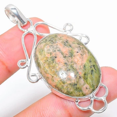 Unakite Gemma Fatto a Mano 925 Argento Sterling Ciondolo Gioielli 6.1cm - Immagine 1 di 4
