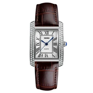 Skmei Women's Watch Classic Roman Genuine Leather Crystal Stones Brown Silver - Picture 1 of 5