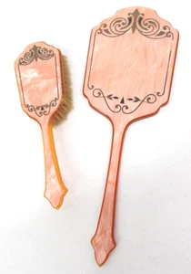Vtg Art Deco Pink Marbleized Celluloid 14" Hand Mirror & Hair Brush 2pc Set - Picture 1 of 19