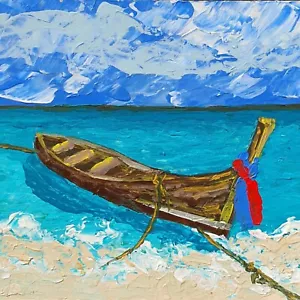 Boat Painting Sailboats Original Artwork Longtail Boats Tropical Seascape Beach - Picture 1 of 11