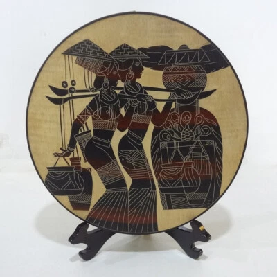 Hand Line Carved & Painted ⌀12“Wood Plate wall tabletop decor: Carry Water Girls - Image 1 of 4