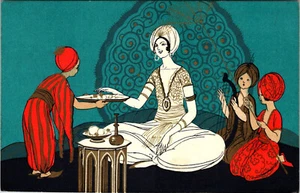 RED STAR LINE STEAMSHIP - ASIAN WOMAN & CHILDREN AT REST - OLD POSTCARD - Picture 1 of 2