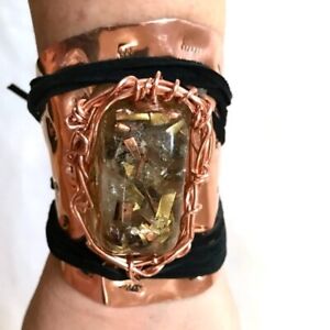 Herkimer Diamond Crystal Cuff Wrap Bracelet Leather Copper Ketoh Orgonite Reiki