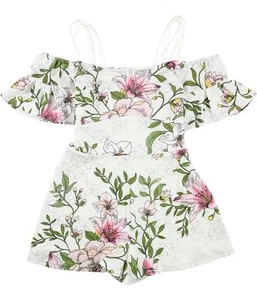 GUESS Women's Cold Shoulder Crimson Romper Shorts, Midnight Lily Print Ivory, S - Picture 1 of 2