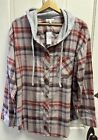 NWT Maurices Hooded Flannel Button Up Shirt Size XXL Gray Red Plaid