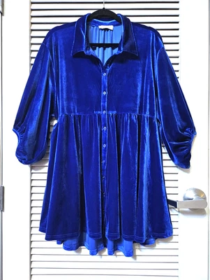 Camisa Top 3/4 Terciopelo Azul Botón XL Foto 1 de 3