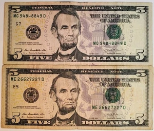 Two Trinary $5 Five Dollar Bill Fancy Serial Number Series 2013 - Picture 1 of 2