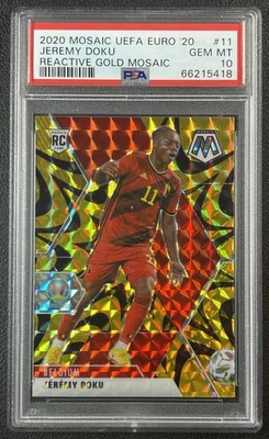 JEREMY DOKU PSA 10 2021 PANINI MOSAIC UEFA EURO #11 ROOKIE REACTIVE GOLD PRIZM - Image 1 of 2