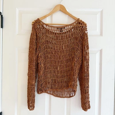 DKNY Vintage Y2K Open Weave Crochet Sweater Cotton Sz Small Brown Boho Fisherman - Image 1 of 4