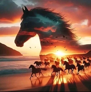 Stunning Sunset wild Horses Running on Beach 5D Diamond Painting Kit 40x40cm - Picture 1 of 9