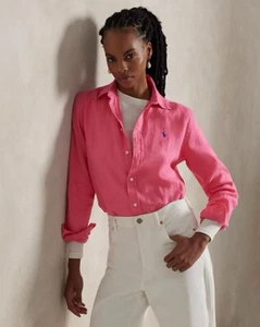 NWT Polo Ralph Lauren Women’s Relaxed Fit 100% Linen Button Up Shirt Hot Fuchsia - Picture 1 of 8