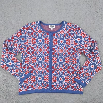 Vintage C&K Designs Sweater Womens Large Blue Red Floral Cardigan Button Front - Image 1 of 4