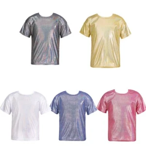Girls Boys Costume Glitter Top Hip Hop T-shirt Unisex Tee Silky Shirts Shiny - Picture 1 of 43