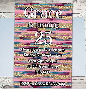 Personalised Glitter Birthday Party Invitations Pink Gold Glitter Invites A6 x10