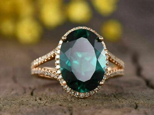 4Ct Oval Cut Lab Created Emerald Diamond Halo Ring 14K Rose Gold Plated - Picture 1 of 6