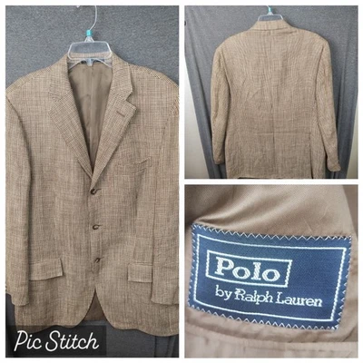 Blazer Polo Ralph Lauren Blue Label 42L linho marrom acastanhado xadrez Itália esporte... - Imagem 1 de 4